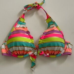 Victoria’s Secret 34B Neon Striped Halter Underwire Bikini Top Ruffles Bow